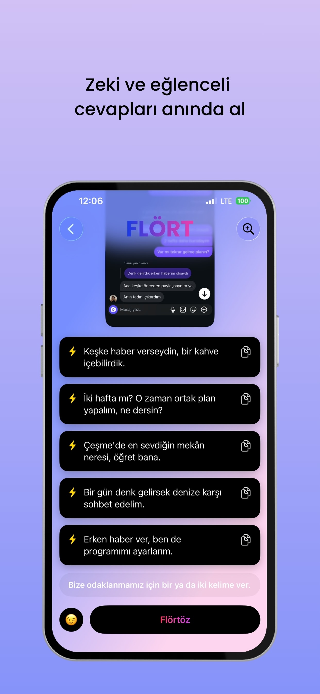 Flört AI — sohbet ekran görüntüsüne göre üretilmiş yapay zeka cevap önerileri